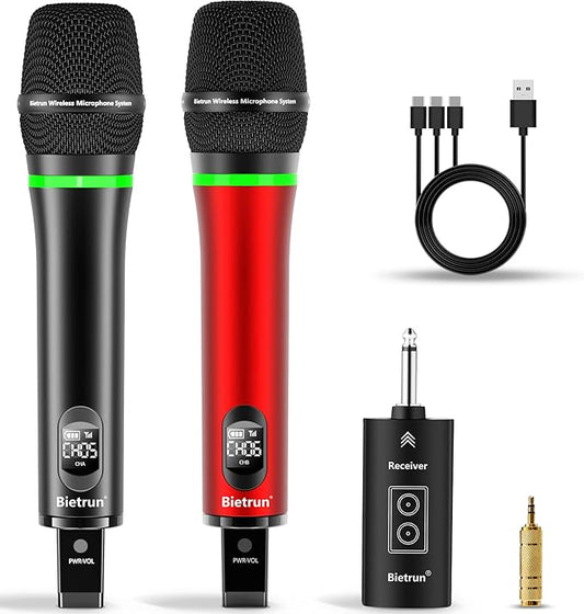 Bietrun Wireless Microphone, 240FT Rechargeable UHF Metal Dual Cordless Handheld Dynamic Mics with Bluetooth for Karaoke Machine, PA System Speaker, Mixer, Party, Church, Wedding(Red)