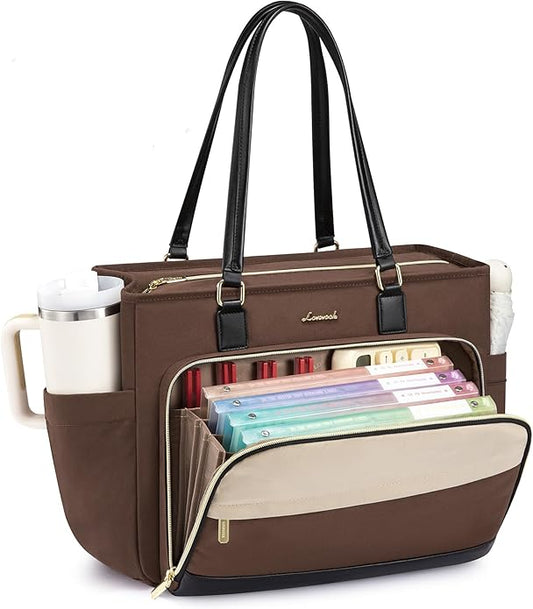 LOVEVOOK Teacher Tote Bag, Laptop Bag for Women with Large Cup Holder & Accordion File Area, Work Tote Bag for Business