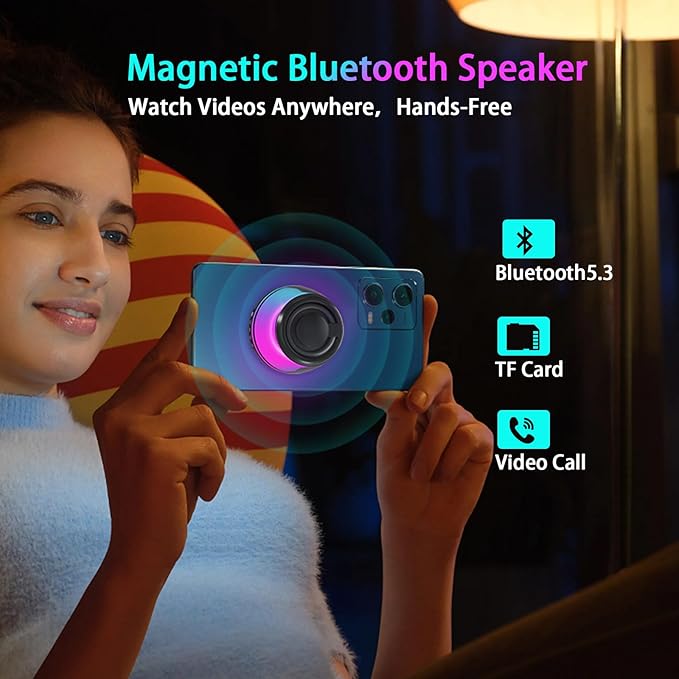 Magnetic Bluetooth Speaker,Wireless Induction Bluetooth Speaker,Mini Portable Cell Phone Stand for iPhone,Lanyard & RGB Night Light,or Home,Outdoors,Pool,Gift (White-1PCS)