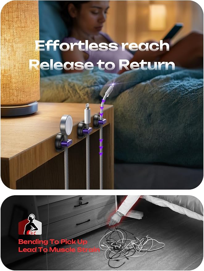 LISEN Magnetic Charging Cord Holder 8-Pack Charging Cord Organizer [1S Click-in], Easy Open Cable Holder with Strong Adhesive, Cable Management Clips Neatly for Nightstand, Desk, Home, Office, Purple - Image 6