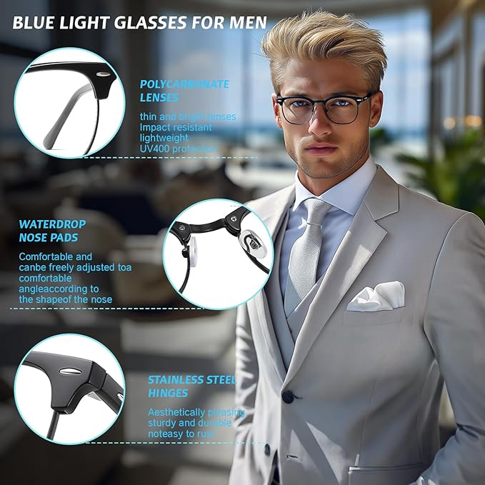 Blue Light Glasses Men and Woman, 99% Blue Light Blocking Glasses for Computer Gaming TV Phone Screen Half Frame