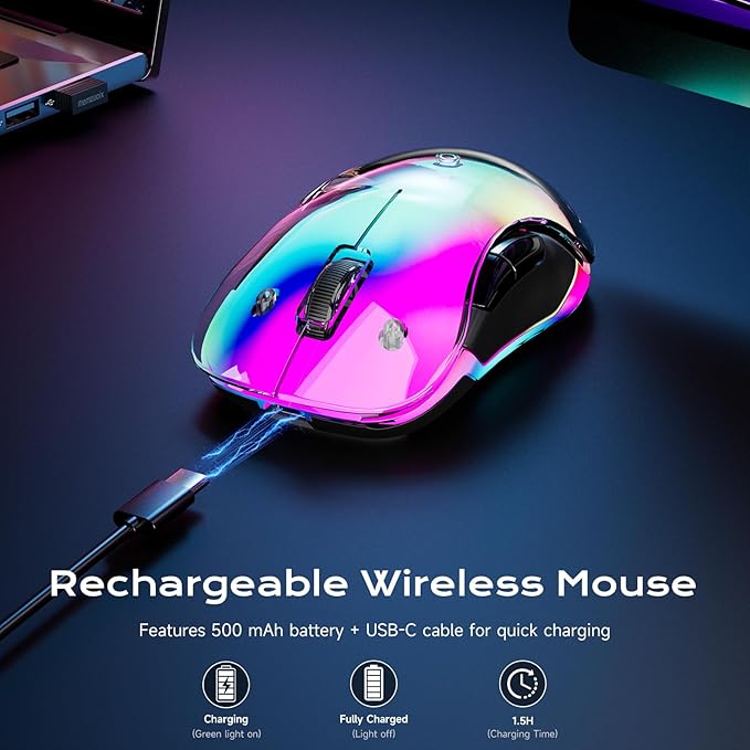 memzuoix 2.4G Aesthetic Wireless Mouse - Customizable Covers & LED Mood Lighting - Rechargeable Ergonomic Design, 5 Buttons, 1200 DPI for Office, Laptop, Mac - White