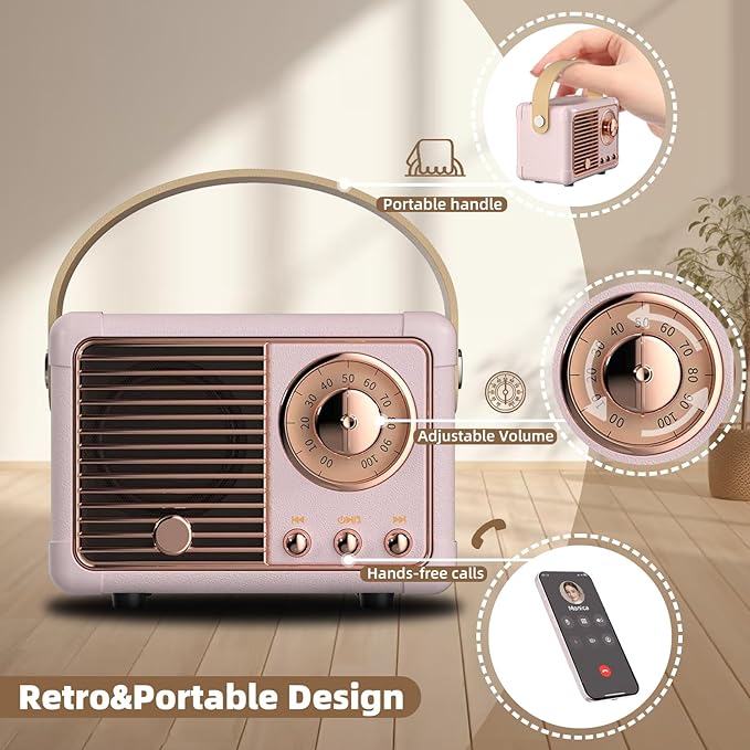 Retro Bluetooth Speakers Birthday Gifts for Girls Small Cute Pink Portable Wireless Speaker Gift Ideas for Women,Her,Girls,Wife Old School Speaker Vintage Aesthetic Decor for Bedroom,Office(Pink)
