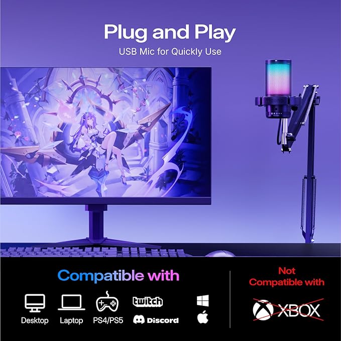 MAONO Gaming USB Microphone, Noise Cancellation Condenser Mic with Mute, Gain, Monitoring, Boom Arm Mic for Streaming, Podcast, Twitch, YouTube, Discord, PC, Computer, PS4, PS5, Mac, GamerWave DGM20S
