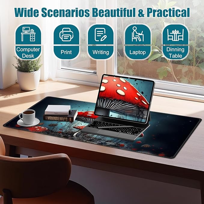 Cool Desk Matt for Desktop, Mouse Pad Mat, Desk Mat for Keyboard and Mouse, XXL Large Mouse Pad for PC, Anti-Slip Big Mousepad with Stitched Edges, Mouse Mat for Computer Laptop Women, Red Mushroom