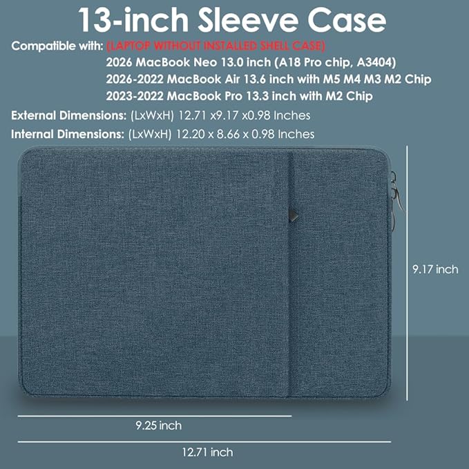 ProElife 13-Inch Laptop Sleeve Case for 2026-2022 MacBook Air 13.6 inch M5 M4 M3 M2 & MacBook Neo 13'' A18 Pro, Pro 13'' M2 Chip Accessory Water-resistant Bag Traveling Carry Cover Case (Navy Blue)