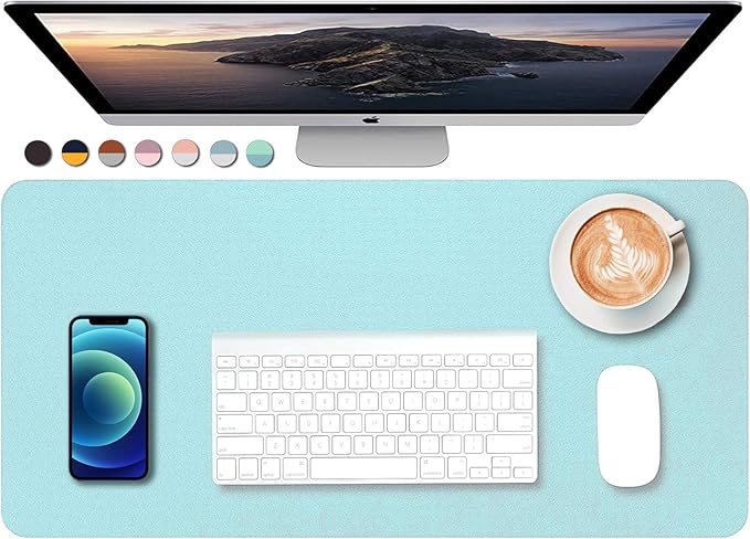 Dual Sided PU Leather Desk Pad, Mouse Pad, Office Desk Mat, Non-Slip Laptop Desk Pad, Waterproof Desk Writing Pad for Office and Home (23.6" x 11.8", Light Blue+Sliver)