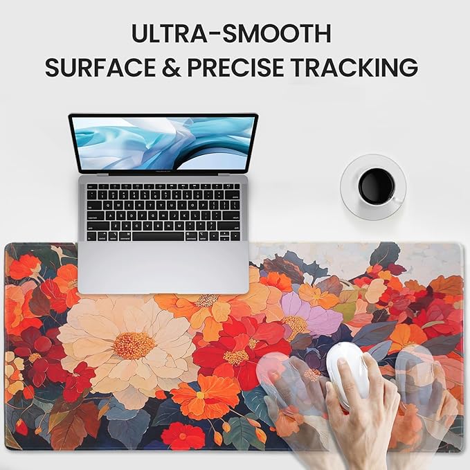Extended Mouse Pad, Floral Design, 35.4 x 15.7 Inches, Microfiber Cloth Surface, Non-Slip Rubber Base, Rectangular Desk Mat for Gaming and Work