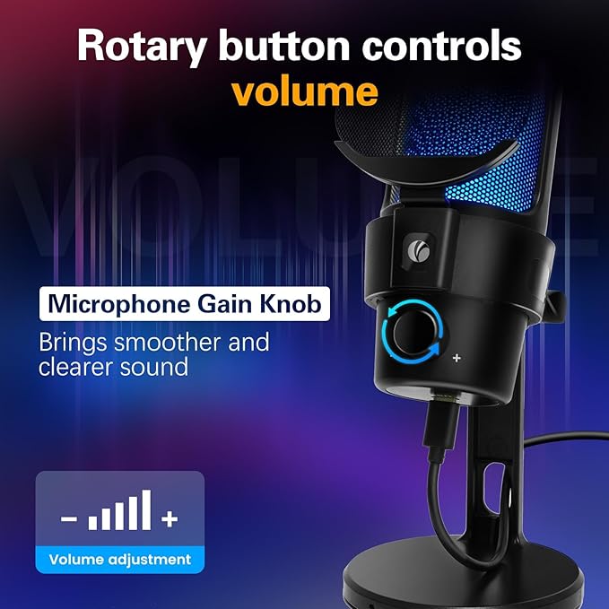 VCOM Gaming USB Microphone, Condenser Dynamic Mic for Podcasting, Streaming, with Quick Mute, Desktop Stand, Pop Filter, RGB Indicator, Shock Mount, Rotate gain Button, Compatible with PS4/5/PC