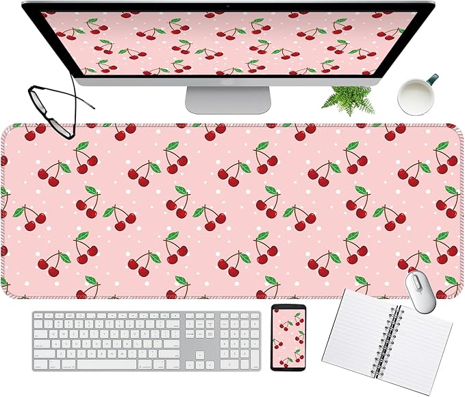 Desk Mat,Big Desk Pad,31.5 x 11.5in Extended Gaming Mouse Pad,Large Mouse Pad for Desk Rubber Base Mousepad with Stitched Edges,Keyboard Mouse Mat for Work Game Office Home - Cute Cherry