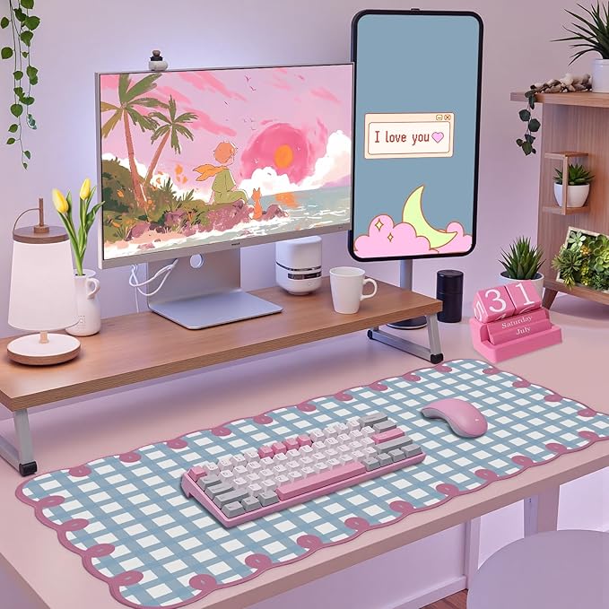 Cute Pink Blue Scalloped Desk Mat Pastel Checkered Large Mouse Pad Kawaii Aesthetic Retro Vintage Cottagecore Office Girl Desk Decor Stitched Pad for Computer Keyboard & Mouse 31 * 15.7in
