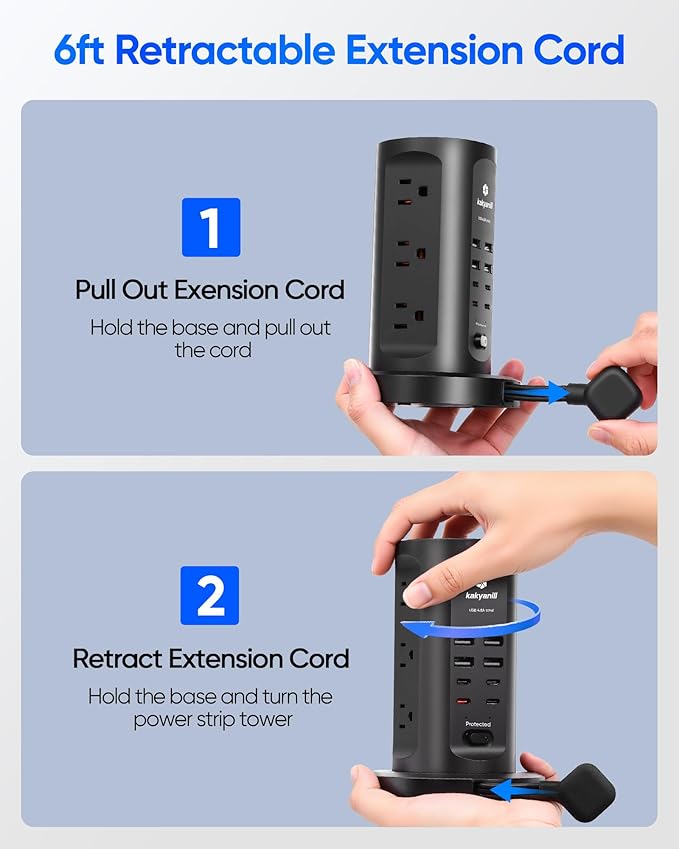 Power Strip Tower, kakyanill Surge Protector Tower 9 AC Outlets 8 USB (4 USB C), 6 Ft Retractable Extension Cord, Charging Station for Office Dorm Room, Black