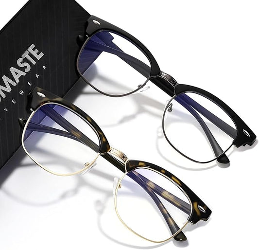 Blue Light Blocking Glasses Vintage Half Frame UV Clear Lens Anti Eyestrain Computer Gaming Glasses for Women Men (G09-matte Black Silver+green leopard)