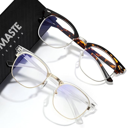 Blue Light Blocking Glasses Vintage Half Frame UV Clear Lens Anti Eyestrain Computer Gaming Glasses for Women Men (G01-yellow Tortoise+crystal Gold)