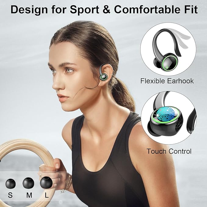 Wireless Earbuds, Bluetooth 5.4 Headphones Sports Stereo Hifi, 50H Playtime Over-Ear buds with ENC Noise Cancelling Mic, IP7 Waterproof Fitness Earphones with Earhooks, Headset for Gym Running Workout