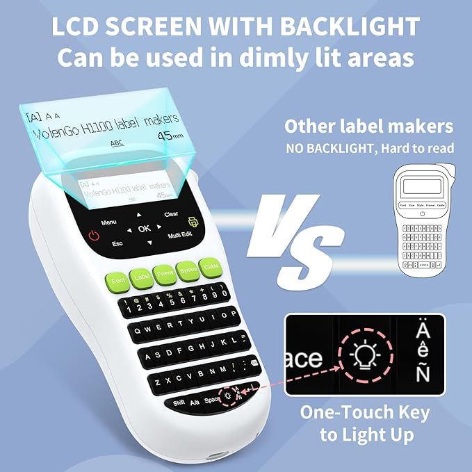 H1100 Label Maker, Labeler Machine with 4 Tapes 12mm Laminated, Backlit Handheld Labeling Maker, Portable Label Printer for Home, Waterproof Removable Freezer Food-Labels for Jars/Containers/Bottle