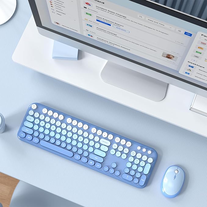 KNOWSQT Wireless Keyboard Mouse Combo - Lovely Blue-Gradient Rainbow Full-Sized Typewriter Colorful Keyboards, Round Keycap Plug Play Retro Cute Keyboards for Windows, Laptop, PC, Desktop, Computer
