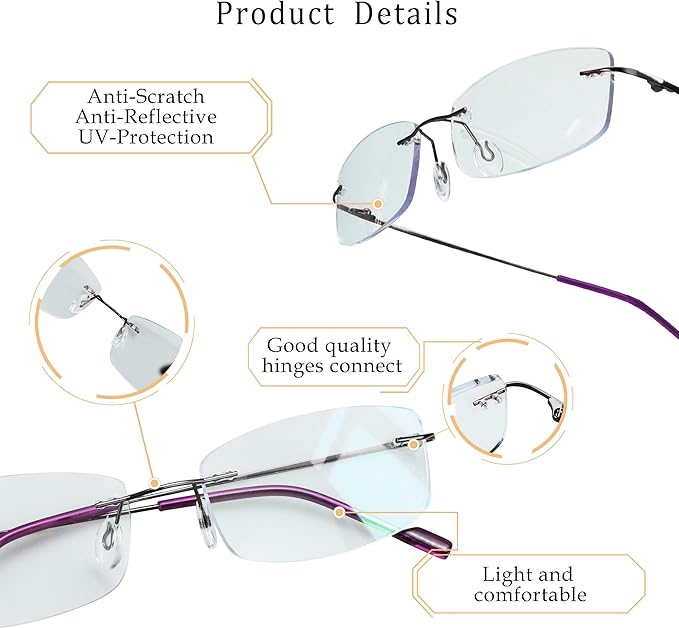 LifeArt Blue Light Blocking Computer Reading Glasses,Men's and Women's Rimless Frame (Purple, +2.75 Magnification)