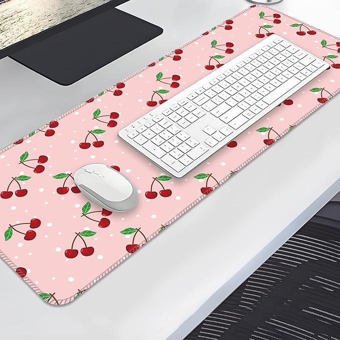 Desk Mat,Big Desk Pad,31.5 x 11.5in Extended Gaming Mouse Pad,Large Mouse Pad for Desk Rubber Base Mousepad with Stitched Edges,Keyboard Mouse Mat for Work Game Office Home - Cute Cherry