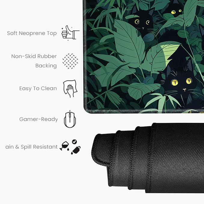 Grass Black Cat Mouse Pad Gaming Desk Mat 24x12 Mousepad XL Desk Pad Long Computer Mat Large Mouse Pads for Wireless Mouse Office Work Women