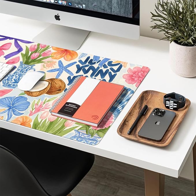 Large Mouse Pad, Floral Bow Desk Mat for Desktop, Women Girls Flowers PU Leather Waterproof Desk Pad, Computer PC Laptop Protector Gaming Mouse Pads for School Office Home 23.6" x 11.8"