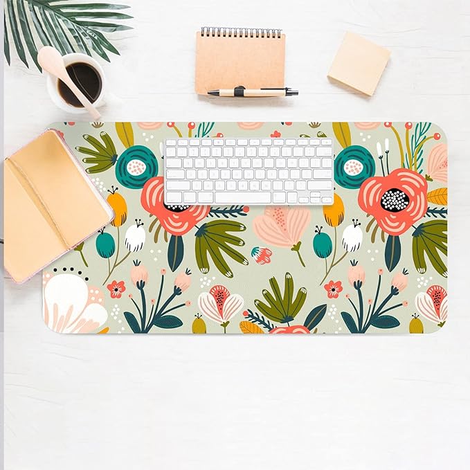 Desk Mat Large Protector Pad 23.6" ×11.8", Non-Slip PU Leather Desk Blotter, Waterproof Mouse Pad for Office Home Green Floral