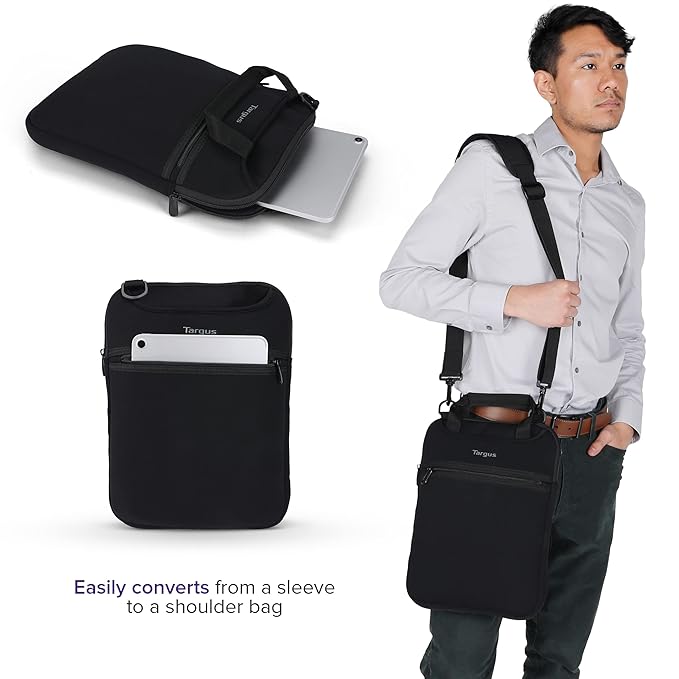 Targus Vertical Slipcase Laptop Messenger Bag, Black - Hideaway Handles with Cross Shoulder Strap and Protective Padding, Fits 14" Laptop (TSS913)