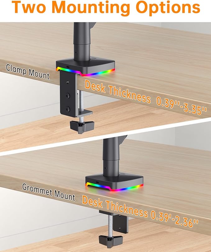 Afaloona RGB Single Monitor Stand, Gas Spring Monitor Arm with 3 USB Ports, Charging and USB Data Transfer Function, Desk Mount for 13"-32" Monitors up to 19.8lbs, Adjustable Height,Swivel,Rotate,Tilt
