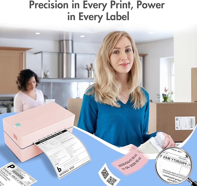 Bluetooth Thermal Shipping Label Printer: 4x6 Wireless Label Maker with Tape for Small Business - Compatible with iPhone, Android, Windows & Mac, Widely Used for USPS UPS Ebay Amazon Shopify, Pink