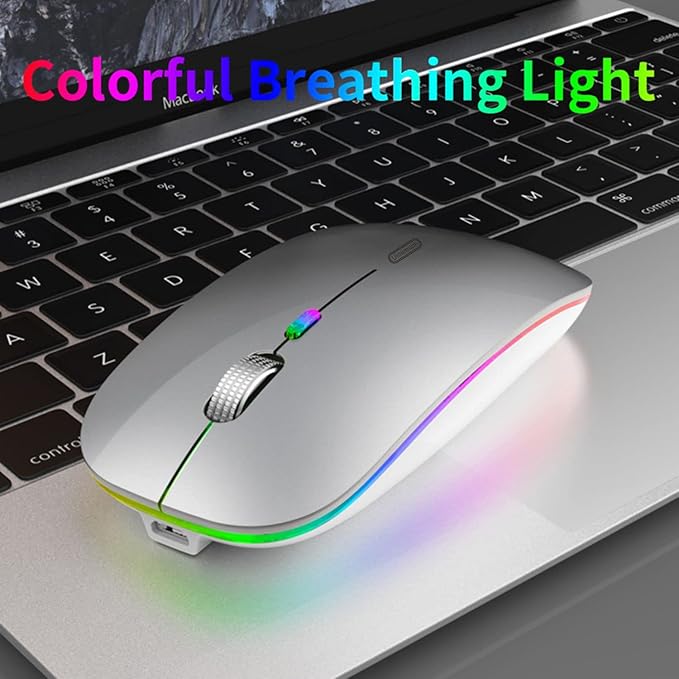 Uiosmuph LED Wireless Mouse, G12 Slim Rechargeable Silent Mouse, 2.4G Portable USB Optical Wireless Computer Mice with USB Receiver and Type C Adapter (Silver)