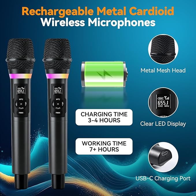 Wireless Microphone, Dual Handheld 2.4G Dynamic Mic with Rechargeable Receiver，Professional Karaoke Microphone, Dual Vocal Pickup with mute echo,treble,bass control , for Singing, Speech, PA System