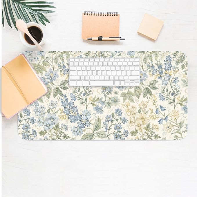 Large Mouse Pad, Beige Blue Floral Desk Mat for Desktop, Women Girls Flowers PU Leather Waterproof Desk Pad, Computer PC Laptop Protector Gaming Mouse Pads for School Office Home (27.5" x 13.8")