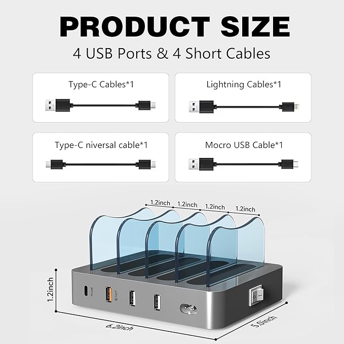 Charging Station for Multiple Devices - 4-Port 20W PD USB-C Charger for iPhone iPad Smartphones Tablets,Universal Compatibility, Detachable Baffle Design