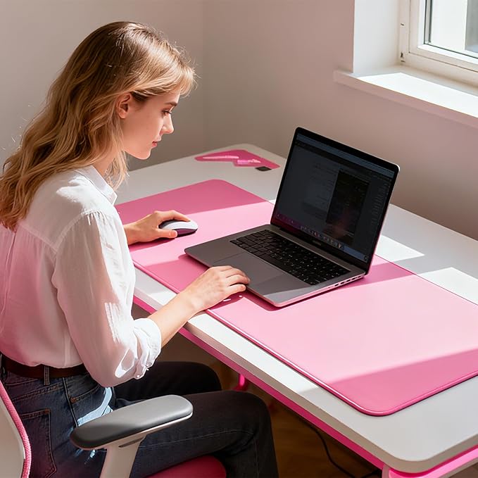 Pink Desk Mat Large Gaming Mouse Pads, Computer Desk Cover Matt for Desktop Keyboard and Mouse, Big Office Pad Protector Mats, XXL Extra Large Mousepads, Pink Office Supplies for Women, 35.4 x 15.7In