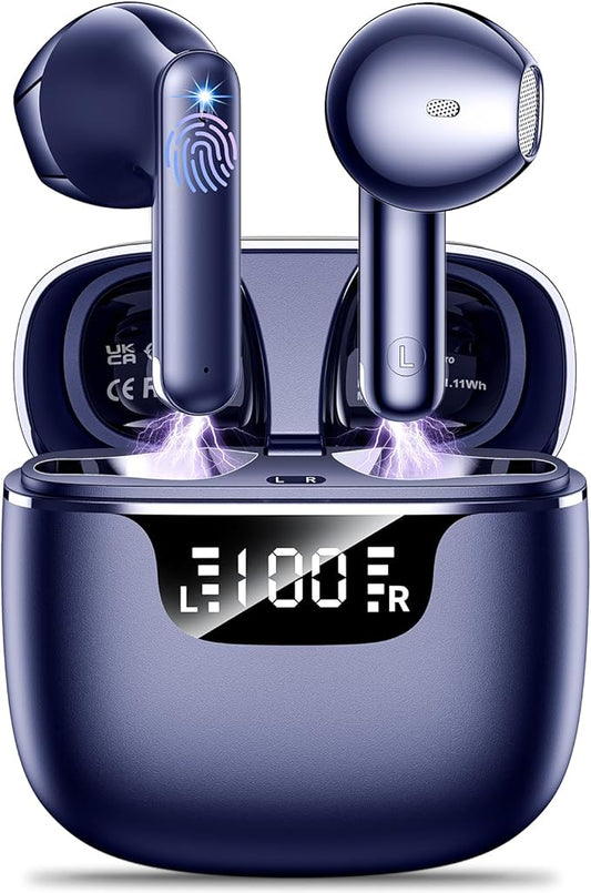 Wireless Earbuds, Bluetooth 5.4 Headphones with 42H Ultralight Ear Buds, Bluetooth Earbuds with 4 ENC Noise Cancelling Mics, HiFi Deep Bass Dual LED Display USB-C, IPX6 Waterproof Earphones Blue