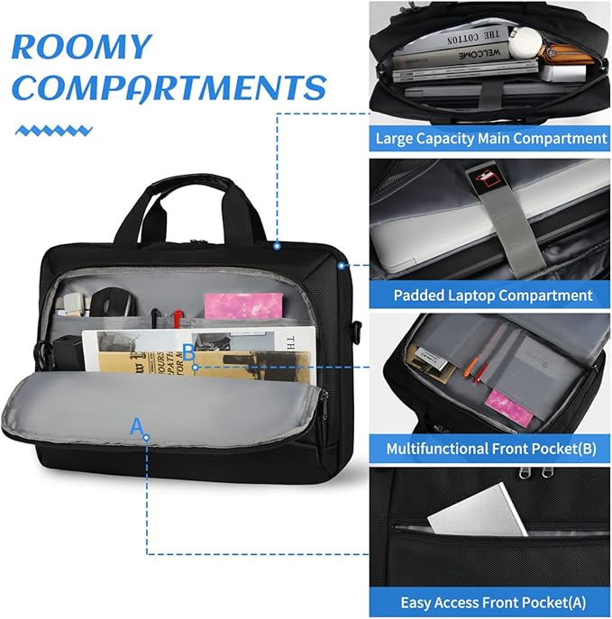 Laptop Bag 15.6 Inch Laptop Briefcase Computer Bag for Men Women Waterproof Business Office Work Large Laptop Case 15.6 Inch Adjustable Shoulder Messenger Bag Black