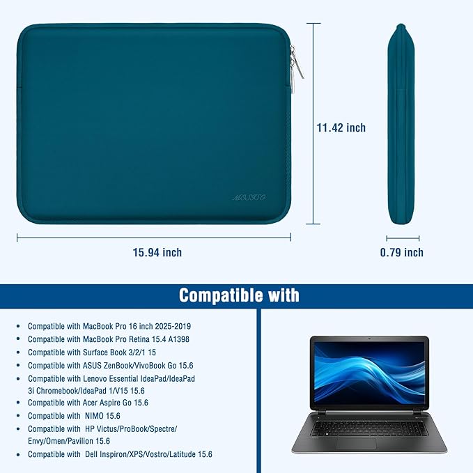 MOSISO Laptop Case 16 inch, 15-15.6 inch Laptop Sleeve Bag Compatible with MacBook Pro 16 M5 M4 M3 M2 M1, HP Acer Dell Lenovo ASUS Notebook, Neoprene Computer Sleeve Bag with Small Case, Deep Teal