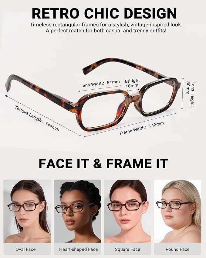 1 Pack Rectangle Blue Light Glasses for Women, Lightweight TR90 Small Frame with Spring Hinge for All-Day Comfort, Anti UV Glare & Eyestrain