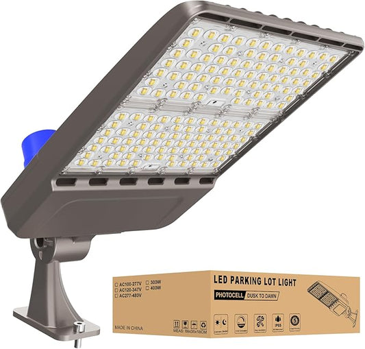 LED Parking Lot Light 300W, 42000LM, 5000K Daylight, IP65 Waterproof, UL & ETL Certified, Dusk to Dawn Parking Lot Light with Arm, Outdoor Dimmable Area Light for Parking Lot, Sports Stadium