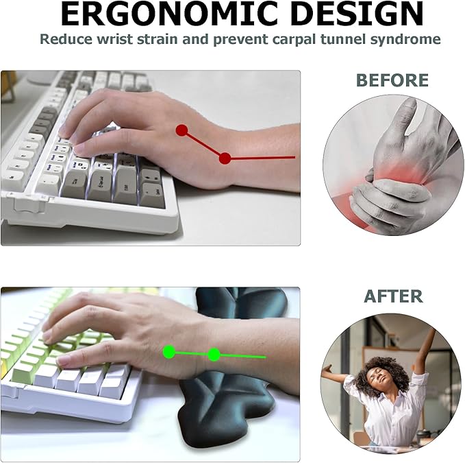 Ergonomic Keyboard Wrist Rest, Leaf Shape PU Leather Memory Foam Wrist Support for Computer Keyboard, Keyboard Pad and Cute Mouse Wrist Pad for Gaming,Office, Computer, Typing Pain Relief, Black