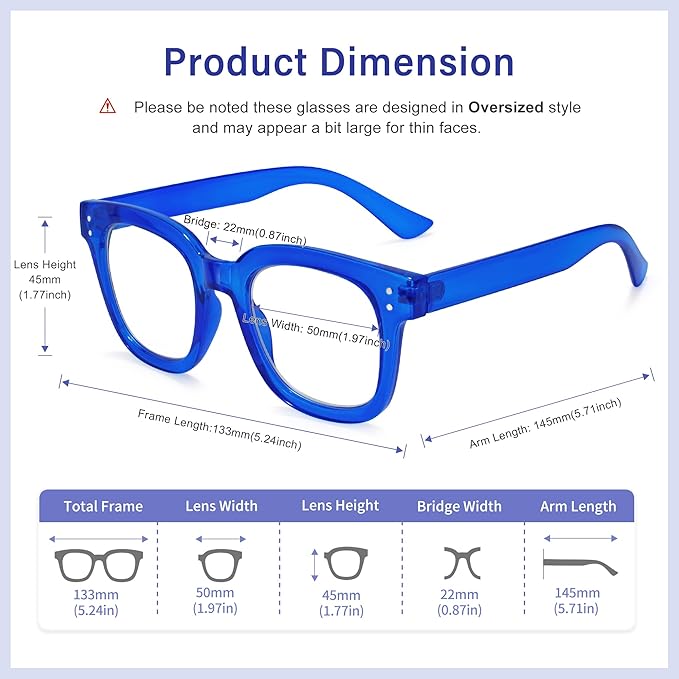 Madison Avenue Oversized Blue Light Blocking Glasses for Women Fashion Blue Light Blockers Anti Eyestrain & UV Protection Computer Eyeglasses (Klein Blue)