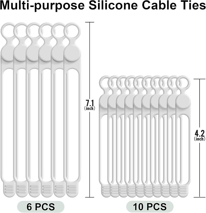 Nearockle Silicone Cable Ties Cord Organizer for Cable Management, 16PCS 4.2" and 7.1" Reusable Cable Organizer Electronic Accessories for Home, Office, Kitchen, School, Travel (White) - Image 6