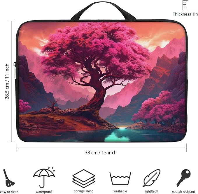 Laptop Sleeve Bag with Handle Computer Protective Soft Cover Case for 14 Inch 13 Inch Laptop,Pink Tree