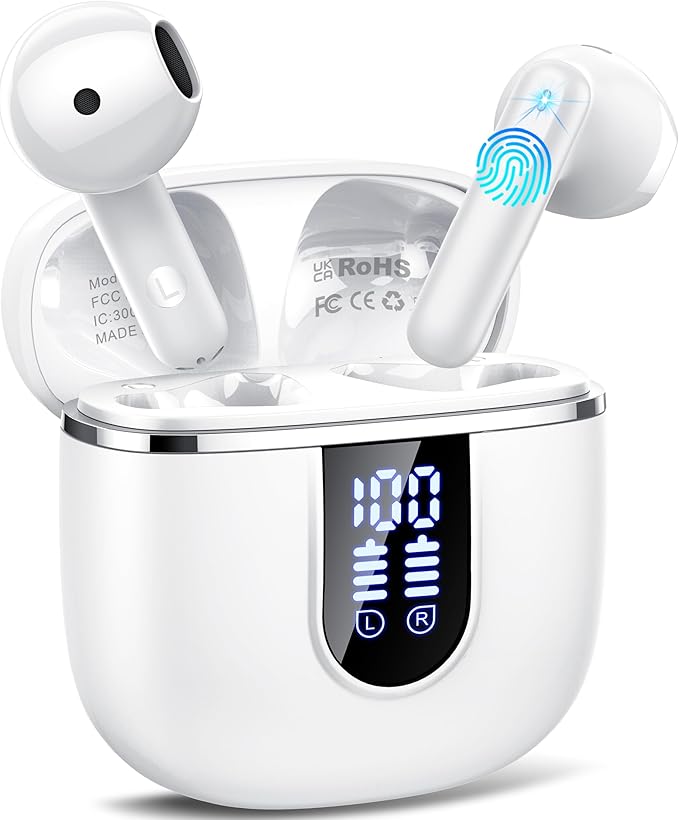 Wireless Earbuds, Bluetooth 5.4 Headphones with 3D Bass Stereo, 40H In-Ear Buds with 4 ENC Noise Cancelling Mic, Ultralight Bluetooth Earbuds USB-C LED, IP7 Waterproof Earphones for Android iOS, White