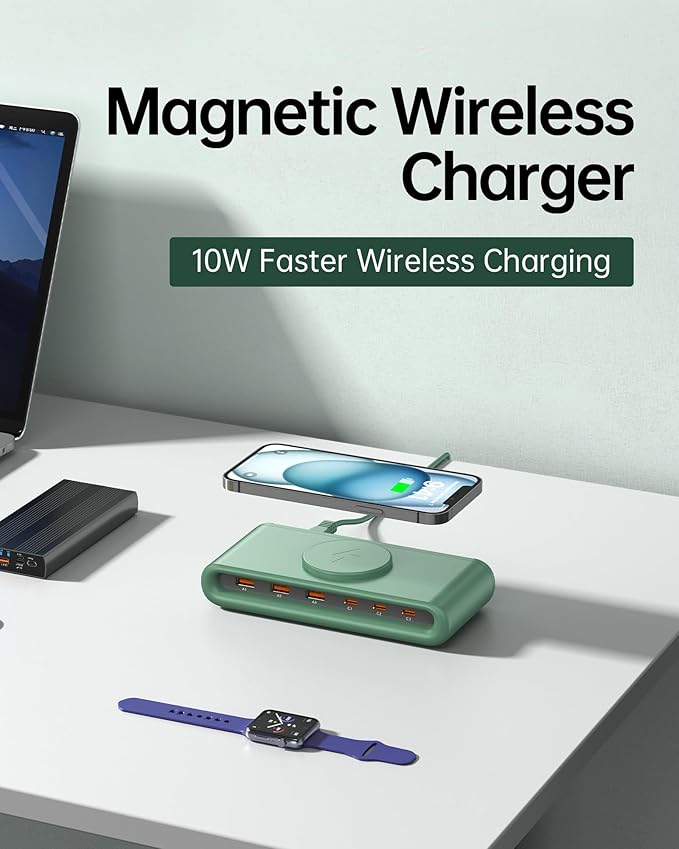 7-in-1 USB C Charging Station, 135W GaN 3.0 with 45W PD USB-C, 18W QC3.0 USB-A & 10W Magnetic Wireless Charger, Charge 7 Devices Simultaneously for iPhone 12-16/Samsung/MacBook/AirPods