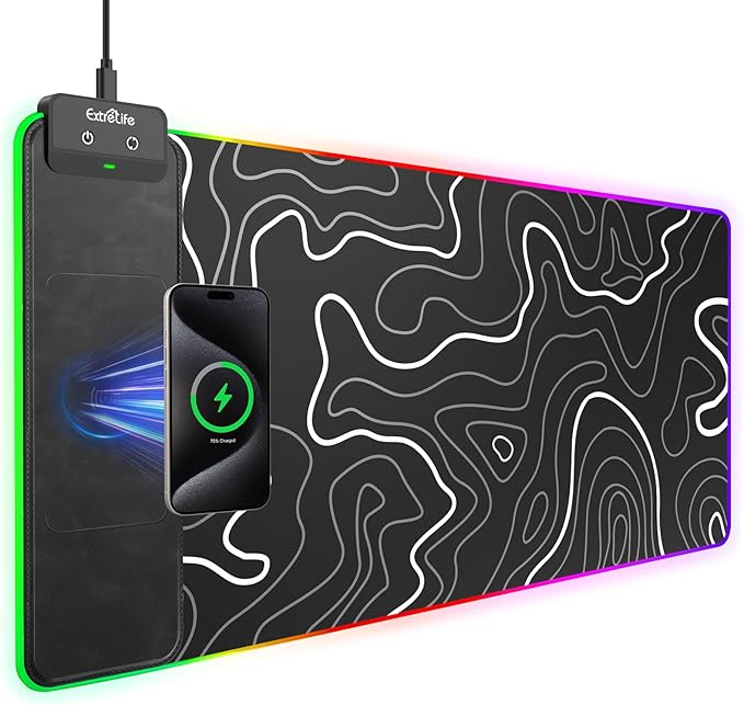 Wireless Charging RGB Gaming Mouse Pad, 31.5"x15.7" XXL Large Desk Mat, Desk Pad for Gamer, 9 Light Modes, Non-Slip Rubber Base, Waterproof, Computer Keyboard Mat, Black