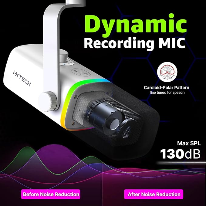 IXTECH Gaming USB Microphone for PC, Noise Cancellation Condenser Mic for Podcasts and Video Streaming with Tripod Stand, Pop Filter, Shock Mount, Gain Control, RGB Lights, Quiet Mute Button (White)