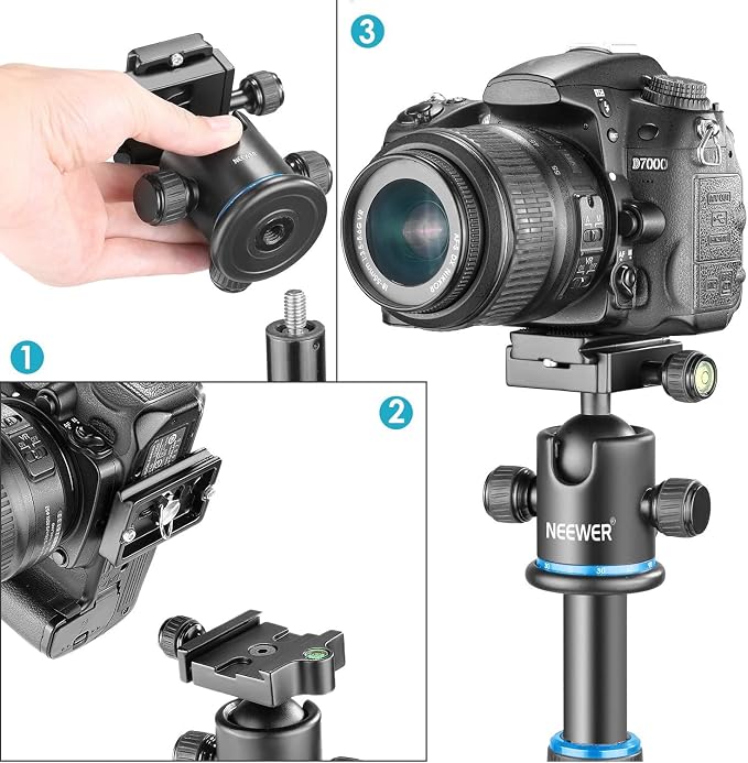 NEEWER 36MM Tripod Ball Head 360° Panoramic Metal with Arca Type Quick Release Plate, 1/4" Screw 3/8" Thread Mount, Max Load 17.6lb/8kg, Tripod Head for Monopod, Slider, DSLR Camera, Camcorder (Blue) - Image 5