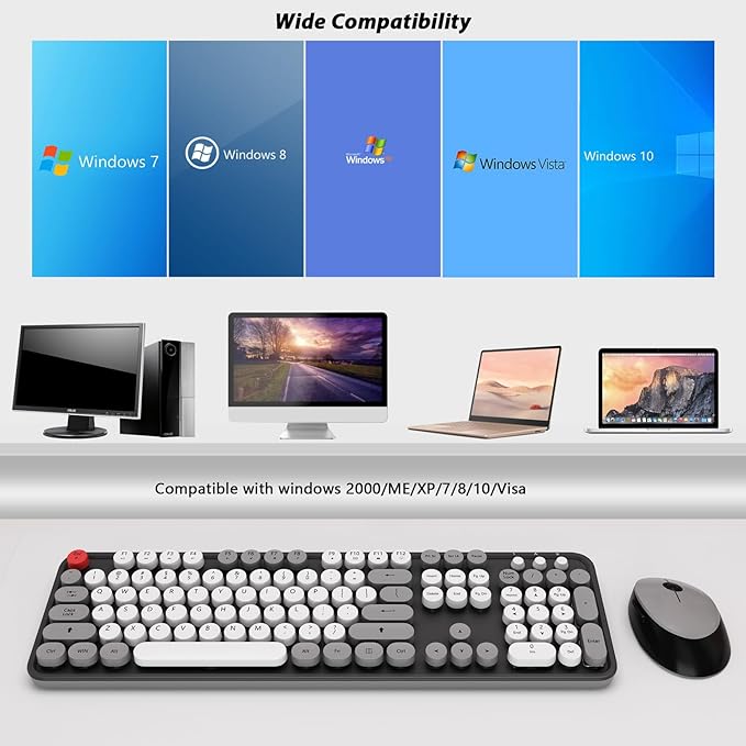 Wireless Keyboard and Mouse, KOOTOP Cute Keyboard and Mouse, 2.4G Wireless Keyboard with Retro Round Keycap for PC, Mac, Laptop,Tablet,Computer Windows (Grey)