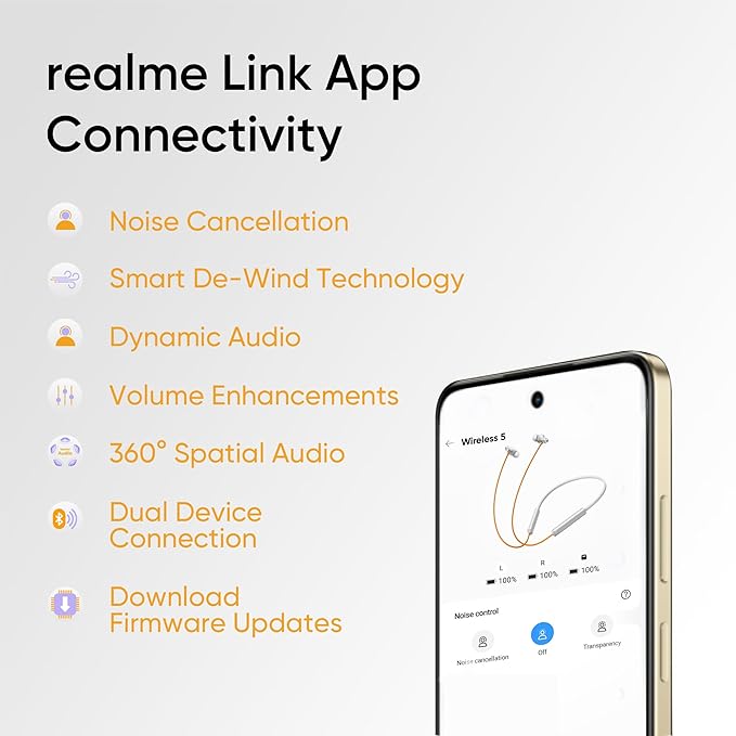 realme Buds Wireless 5 ANC in Ear Bluetooth Headphones, 50dB ANC, 13.6mm Dynamic Bass Driver, 360° Spatial Audio, 45ms Low Latency, Upto 38hrs Playback, IP55 Rating, Dual Device Connection - (Silver)